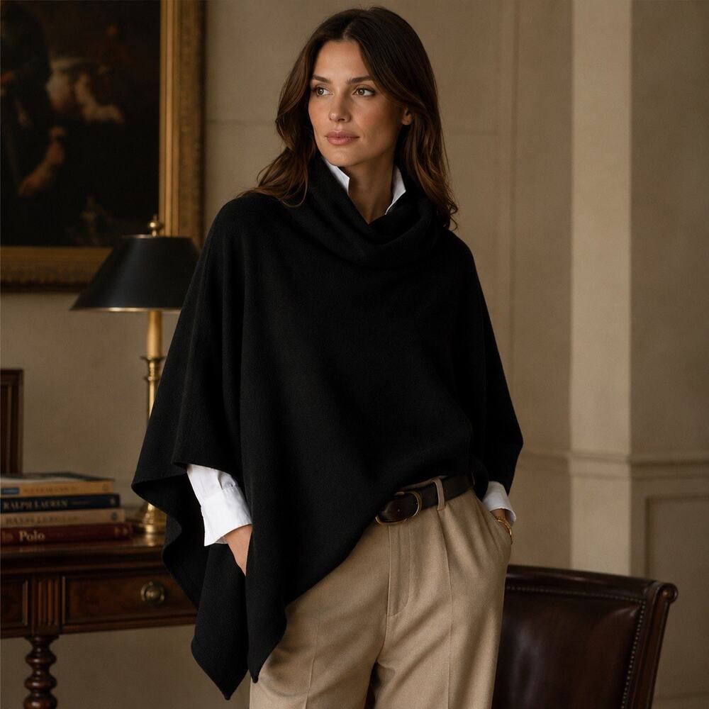 White + Warren 100% Cashmere Black Cowl Neck Poncho Cape Wrap Small Luxury
